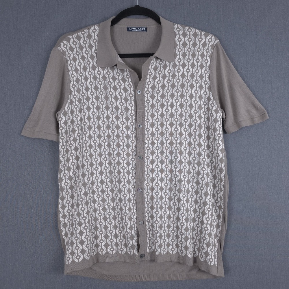 Paul Jones PJ Knit Polo Mens XL Vintage Style Jacquard Pattern Mod Retro Button